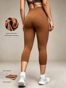 Solid Color Elastic Slim Fit 7/8 Length Leggings, Side Pocket Design, Yoga Pants, Comfortable For Fitness And Daily Wear - Brown - View 8