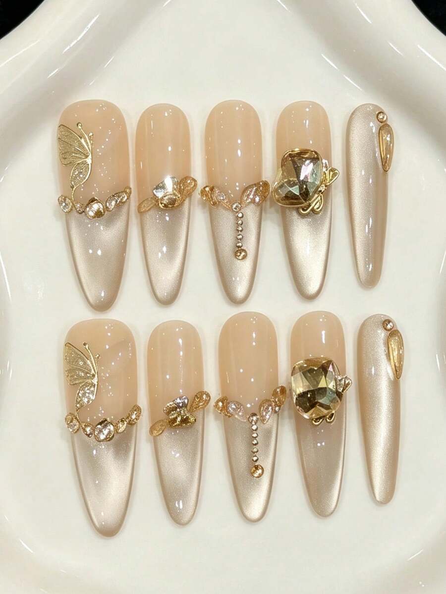 10PCS Long Stiletto Handmade Press On Nails For Party And Daily Wear,Champagne Cat Eye French Press On Nails With Tiny Rhinestones & Gilded Dead Leaf Butterfly.Easy To Wear,Summer Nails,Suitable For Girls And Women Festivals Parties And Daily Wear