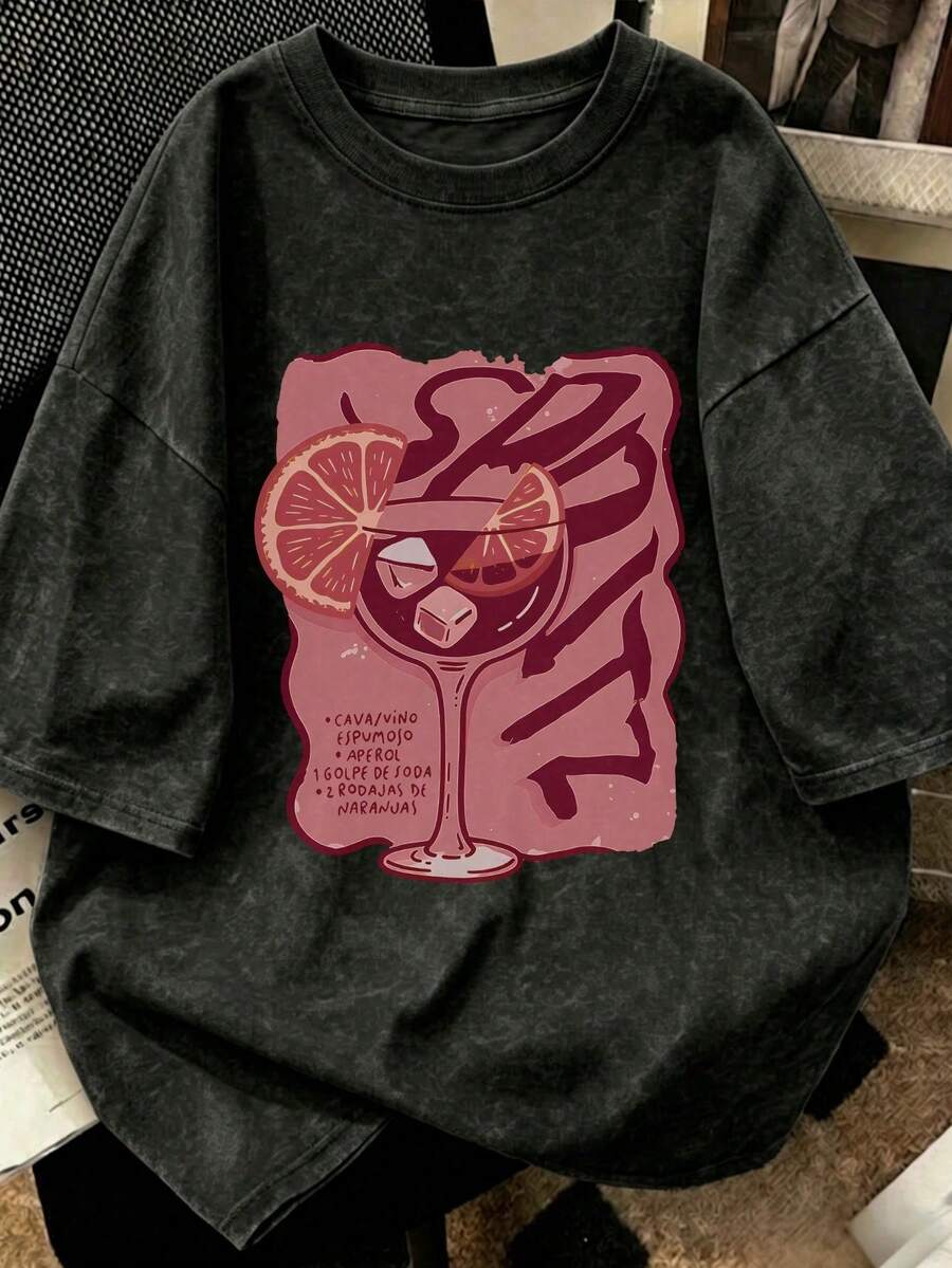 1 Piece Of Women's Short-Sleeved T-Shirt, Casual Style, Loose Fit, Round Neck, Washed Fabric With Tie-Dye Effect, For Office, Campus, Daily Wear, Dates, Meetings, Black Color. - 黑色 9 - 查看 1