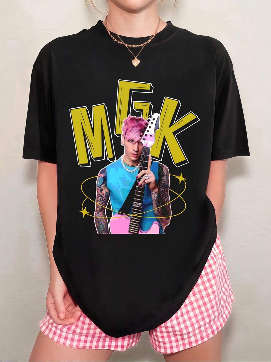 Oversized Black MGK T-Shirt With Pink Guitar And Yellow Lettering - 黑色 - 查看 1