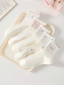 4/5Pairs Women's Solid Color, Ruffle Trim, Cable Knit Print Crew Socks Mid-Calf Socks, Soft And Comfortable, Suitable For All Seasons, Random Colors - Multicolor - View 3