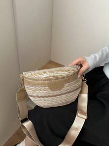 時尚腰包胸包 極簡風草編編織包 學生包 開學季背包 - 卡其色 - 查看 2