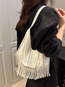 1pc Solid Color Suede Fringe Shoulder Bag, Vintage Fashion Large Capacity Commuter Bag, High-Quality Textured Stylish Shoulder Bag - White - View 4