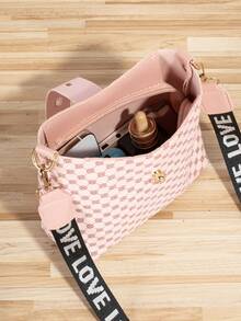 Bolso bandolera de unicolor con decoración metálica, estilo minimalista casual, con relieve de cocodrilo y correa de tela - Rosa - Ver 4