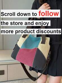 Colorblock Patchwork Premium Canvas Shoulder Bag, Vintage Casual Hobo Bag, Detachable Shoulder Strap, Can Be Worn Crossbody; Versatile Style For Women, Also An Excellent Gift Choice For Teacher's Day - Red - View 2