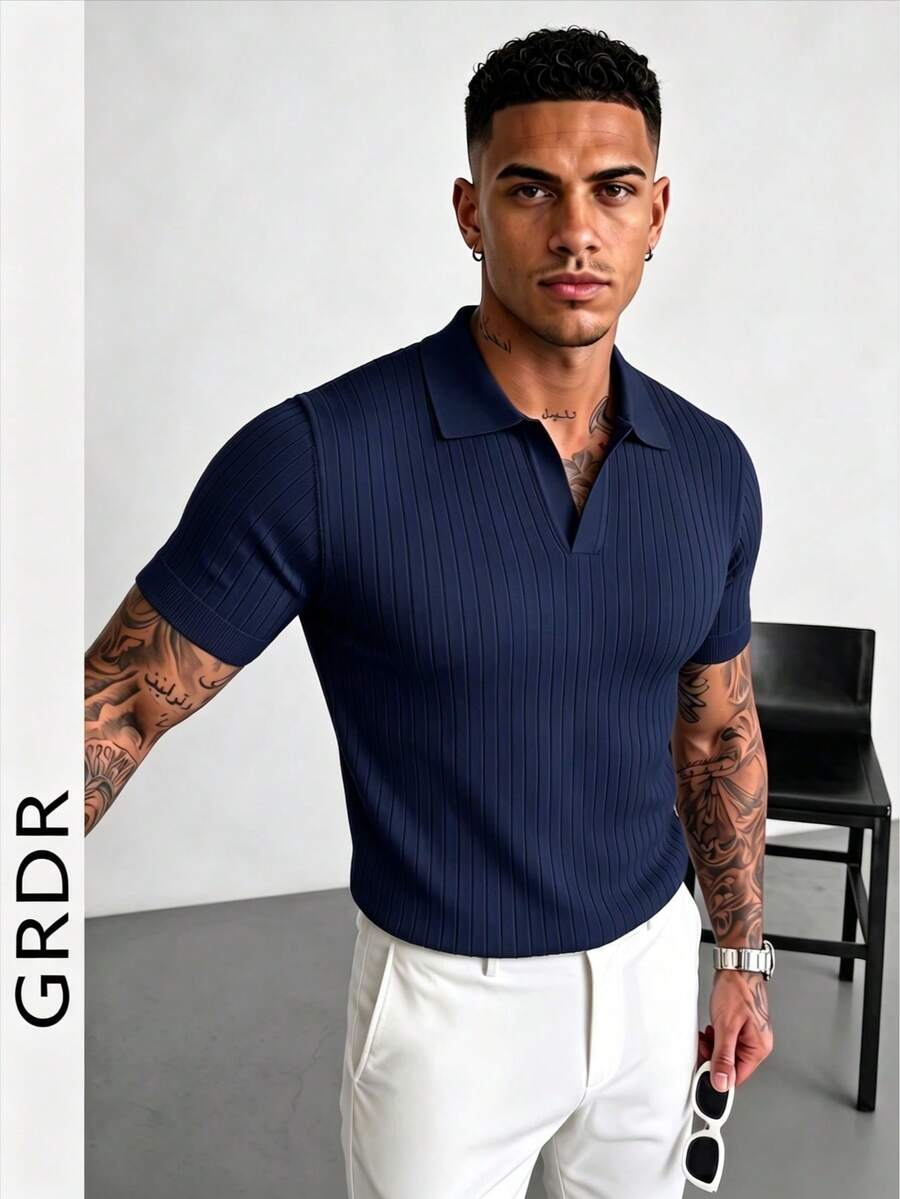 GRDR Men's Summer Knit Polo Shirt, Solid Color Short Sleeve Knitted Collar, Suitable For Summer Outings, Essential For Fashionable Outfit