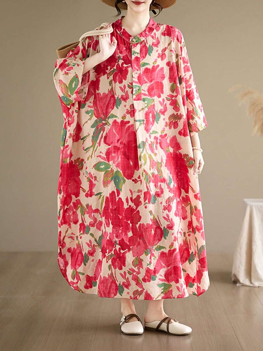 AZAH Halloween Elegant Ball 女款大尺碼花卉休閒洋裝,寬鬆圓領短蝙蝠袖中長裙,展現優雅氣質 - 紅色 - 查看 1