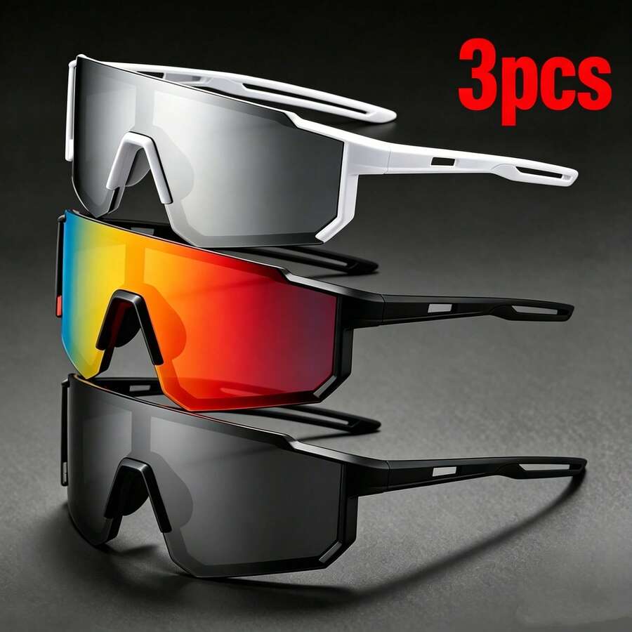 3 Pairs Set Unisex One-Piece Large Frame Sports Goggles, Colorful Coated Anti-UV, Summer Beach Driving Fishing Cycling Shopping Party Photo Outdoor Sun Protection Accessory