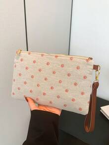 春夏新款百搭女款亞麻包，花卉刺繡，時尚多用途手提草編彩色信封手拿包 - 米色 - 查看 7