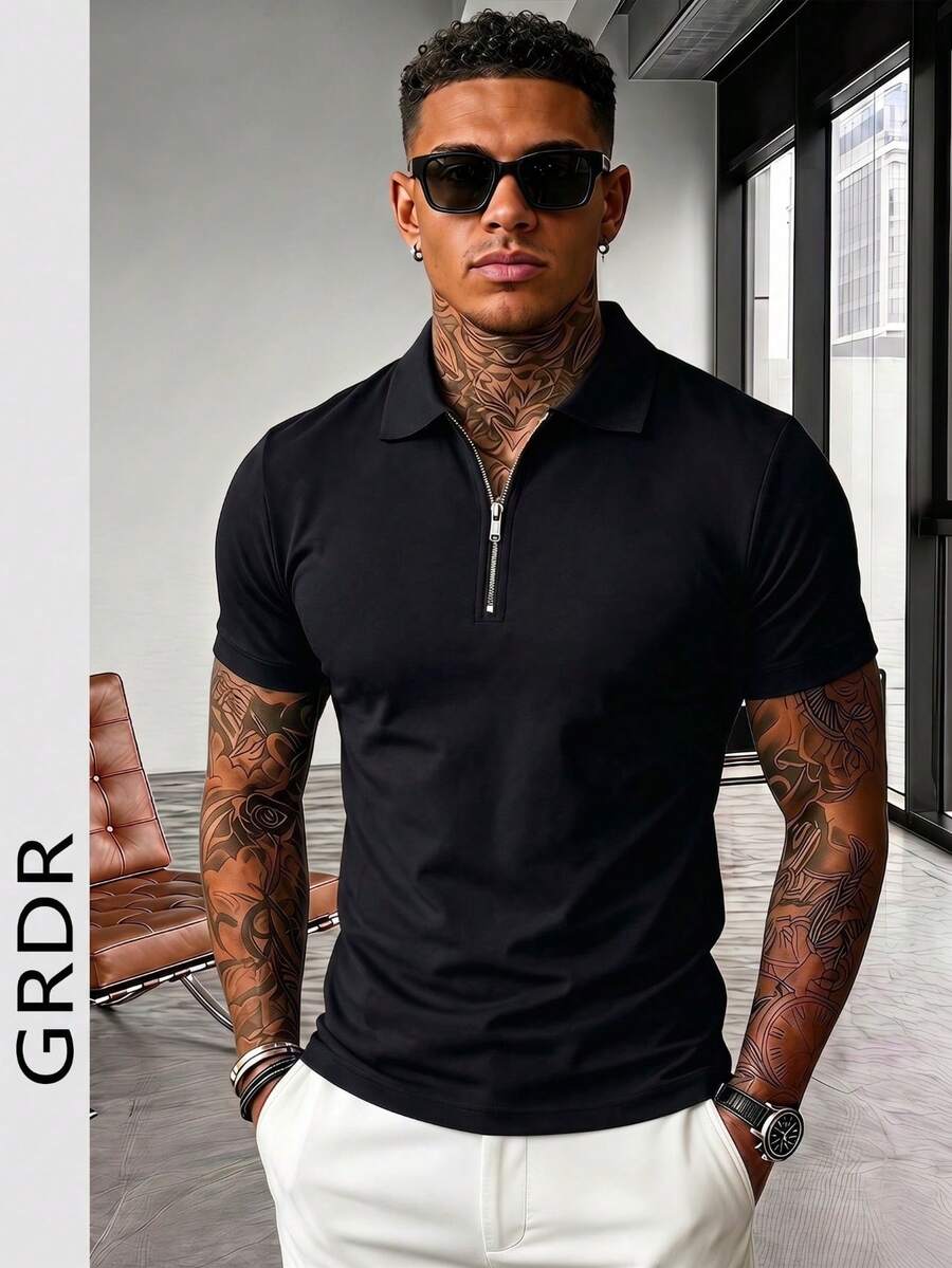 GRDR Men's Solid Color Short Sleeve Zipper Design Casual Versatile T-Shirt