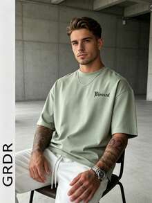 GRDR Kaos Pria Gaya Retro Amerika Minimalis dengan Motif Huruf, Leher Bulat, Lengan Pendek, Nyaman & Bernapas untuk Musim Panas - Olive Green - View 3
