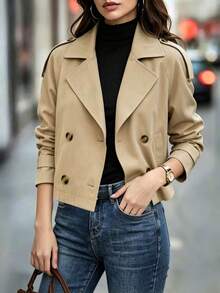 Fashionable Women's Woven Fabric Short Trench Coat, Regular Long Sleeve With Button Detail, Ideal Choice For Autumn/Winter Outfit - Khaki - View 6