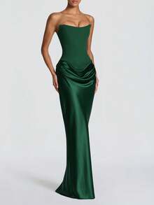 New Women's Sexy Strapless Backless Lace-Up Draped Fitted Dress, Elegant Formal Evening Gown For Wedding Bridesmaid And Formal Occasions - 墨綠色 - 查看 6