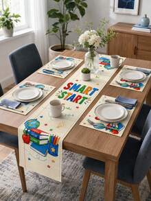 1pc-Back To School Table Runner And Placemats Set, Beige Smart Start Linen Dining Decor With Books, Globe, Apple, Pencil And Paper Plane For Teacher Classroom, Study Room And Home Table - Multicolor - View 1