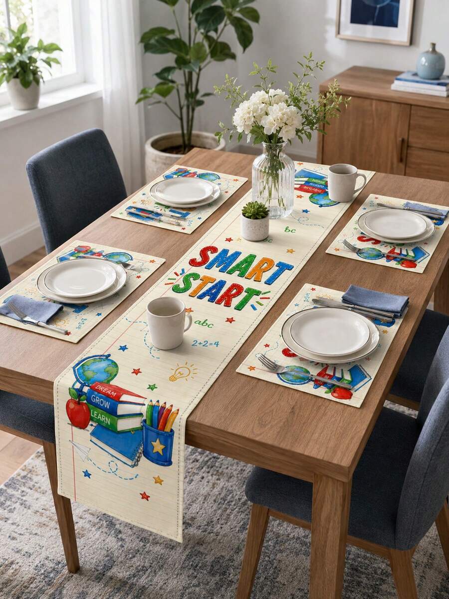 1pc-Back To School Table Runner And Placemats Set, Beige Smart Start Linen Dining Decor With Books, Globe, Apple, Pencil And Paper Plane For Teacher Classroom, Study Room And Home Table - Multicolor - View 1