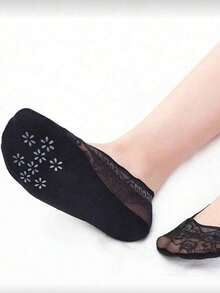 5/10 Pairs Women's Summer Lace Wavy Pattern Invisible Boat Socks, Sweat-Absorbing & Moisture-Wicking, Invisible Anti-Slip, Suitable - Black - View 6