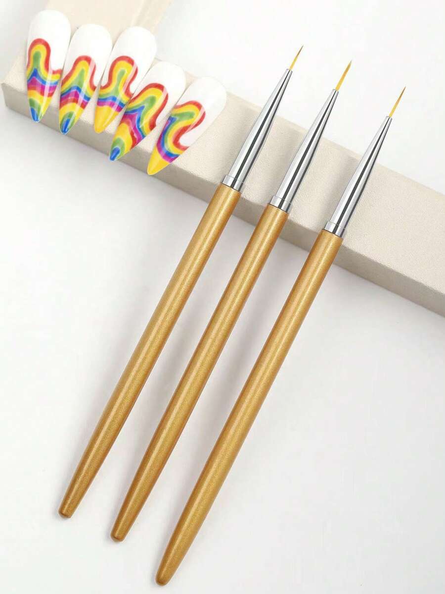 3pcs Metallic Handle Nail Art Brushes, Painting Brushes, Liner Brushes, Ultra-Fine Line Brushes Nail Art Tools, Different Sizes (7mm/9mm/11mm) Professional And DIY Nail Tip Trimming Tools, Nail Brush Set, Nail Brushes - Gold - View 1