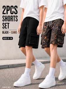 2pcs/Set Boys' Street Casual Comfortable Cargo Pocket Shorts, Suitable For Daily Sports, Leisure And Vacation - Multicolor - View 1