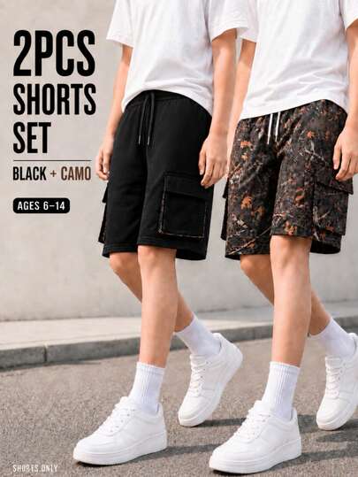 2pcs/Set Boys' Street Casual Comfortable Cargo Pocket Shorts, Suitable For Daily Sports, Leisure And Vacation