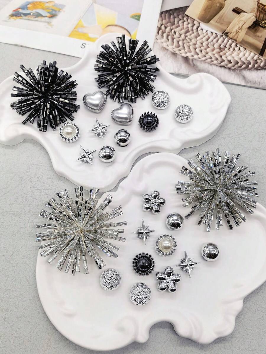 12 buah Hiasan Sepatu Bintang Kembang Api Berkilau dari Rhinestone, Gesper Sepatu Bakiak Bunga ABS Perak Cerah, Klip Sepatu Manik Bulat Dekoratif DIY