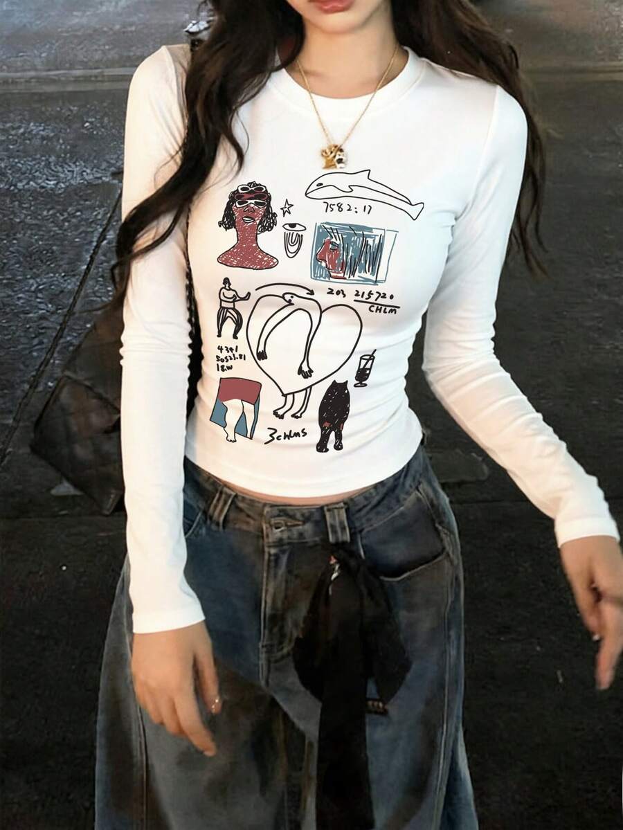 Women's Round Neck Long Sleeve T-Shirt, Spring/Autumn New Cartoon Pattern & Letter Print, American Hot Girl Style, Fashion Casual Versatile Slim Fit Cropped Top - White - View 1