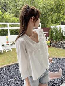 Blusa Con Botones Frontales, Manga Abullonada Y Detalle De Encaje - Rosa - Ver 7