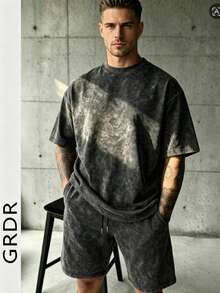 GRDR Men's Printed Washed Crew Neck Short Sleeve T-Shirt And Drawstring Shorts Casual Set - Black - View 1