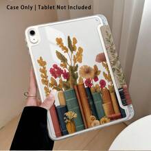 Acrylic Crystal Tablet/ Protective Case With Book And Plant Pattern Painted Effect, With Stand, Compatible With Honor/Apple/ And Other Popular Tablet Models, Foldable Anti-Bend, Silicone Reinforced Corners, Auto Wake/Sleep Function, Built-In Pen Slot, Multi-Angle Foldable Stand - Style 6 - View 2