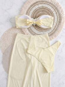 Traje de baño de 3 piezas amarillo crema para mujer de verano, vestido maxi con abertura de gasa, estilo de vacaciones, moda romántica para fiesta y vacaciones - Amarillo claro - View 5