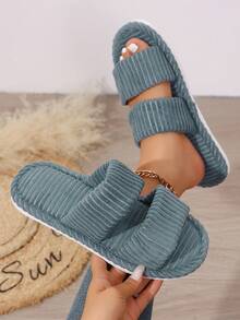 Classic Striped Two-Bar Open Toe Plush Slippers For Women, Breathable All-Season Indoor Home Fashion Slip-On Open Toe Slippers - Grey - View 3