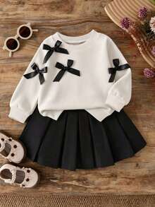 Baby Girl Handmade Bow Decor Round Neck Long Sleeve Top And Skirt - White - View 1