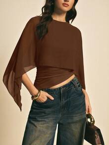 Women's Brown Shawl Collar Casual Blouse, Elegant Blouses For Women, Casual Blouses For Women, Suitable For Daily Wear, Going Out, Coming And Going In Autumn/Winter, Blouse Of - 棕色氧化物 - 查看 1