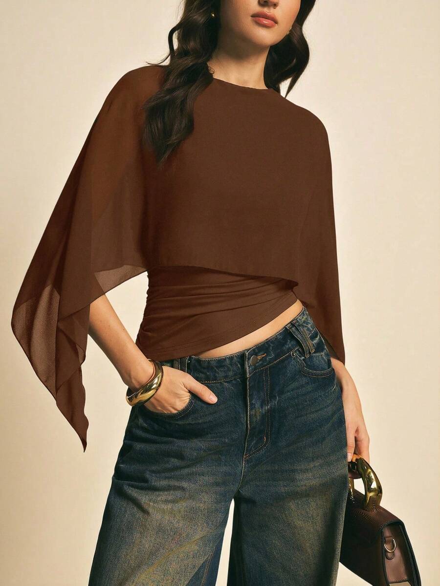 Women's Brown Shawl Collar Casual Blouse, Elegant Blouses For Women, Casual Blouses For Women, Suitable For Daily Wear, Going Out, Coming And Going In Autumn/Winter, Blouse Of - 棕色氧化物 - 查看 1