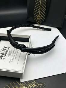 1pc Black Leather Headband, Leather Quilted Headband, Camellia Bow Headband, Vintage High-End Elegant Headband, Suitable For Commuting, Dating, Party And More - Multicolor - View 7