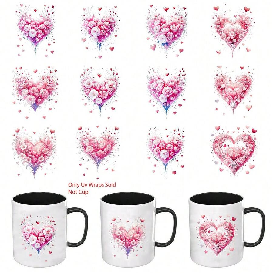 12pcs/Set Patterns Valentine's Day Floral Heart UV DTF Packaging Decals- Self-Adhesive Transfer Paper, Suitable For Mugs, Glasses, Bottles, And DIY Crafts, PVC Material, Romantic Floral HearDesign, Perfect For School Supplies And Art Projects - Multicolor - View 1