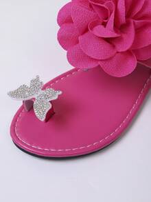 1 Pair Hot Pink Women's Summer Floral & Rhinestone Butterfly Decor Toe Loop Flat Slide Sandals, Stylish Open Toe Casual Slippers - Hot Pink - View 6