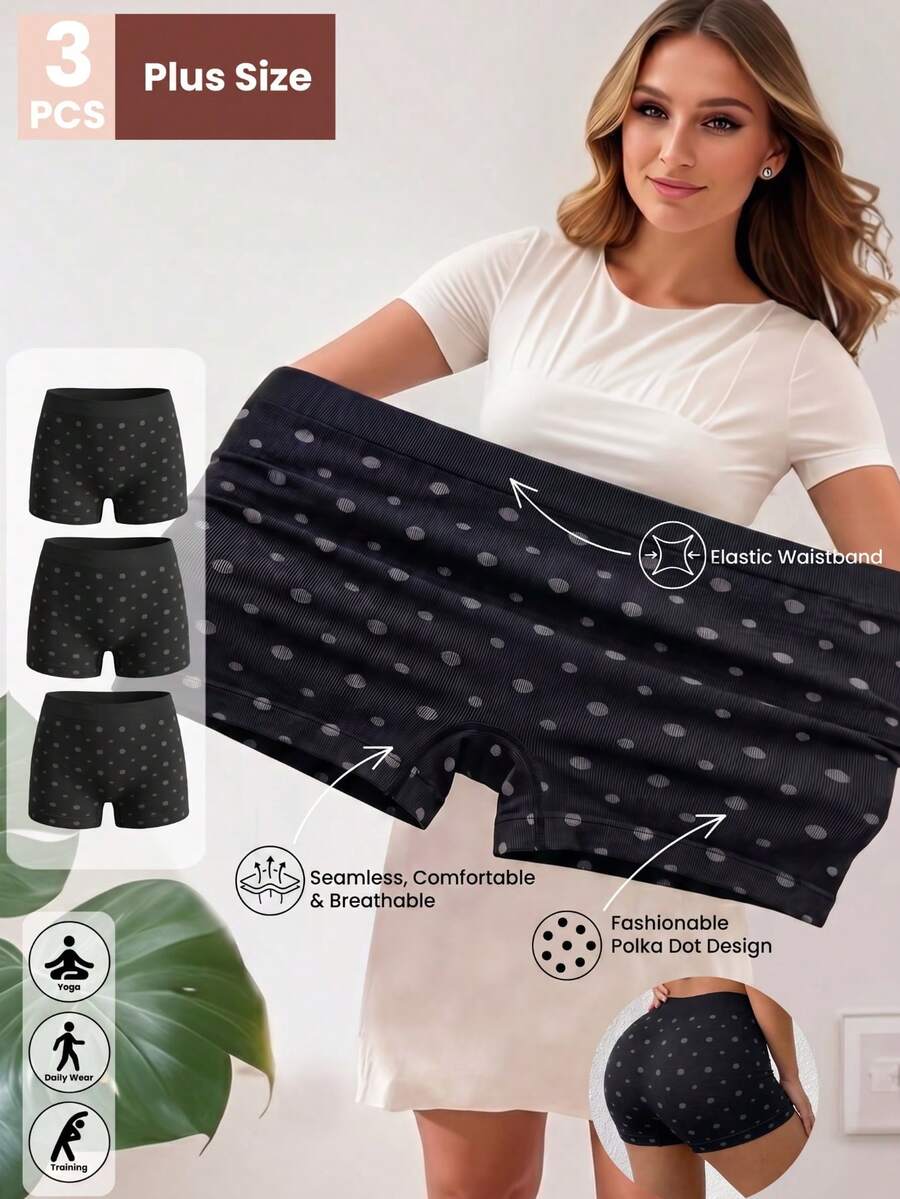 3件組大尺碼防磨擦無縫波點女款高腰內穿裙底安全短褲 - 黑色 - 查看 1