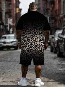 Plus Size Men's 2-Piece Streetwear Set, Vintage Pattern T-Shirt, Men's Street Casual Minimalist Series "Gradient Leopard Print" Pattern Sports Outfit - Polyester Knit Fabric, Crew Neck Design, Drawstring Shorts, Pocket Detail, Regular Fit, Suitable For Plus Size - Black - View 3