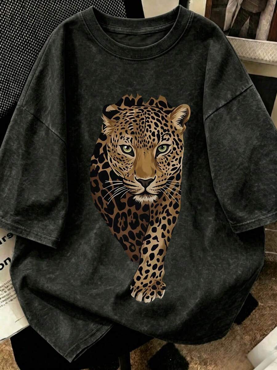 1 Piece Of Women's Short-Sleeved T-Shirt, Casual Style, Loose Fit, Round Neck, Washed Fabric With Tie-Dye Effect, For Office, Campus, Daily Wear, Dates, Meetings, Black Color. - 黑色 4 - 查看 1