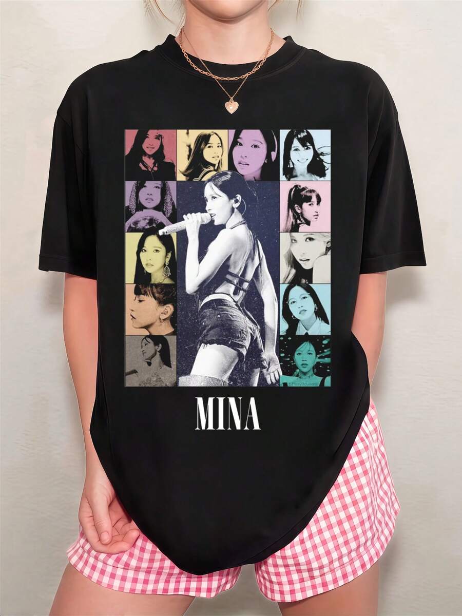 Übergroßes schwarzes T-Shirt mit MINA TWICE Collage aus neun pastellfarbenen Porträts, zentraler Sternenszene, Mikroglitzer-Hintergrund, Vintage-Albumposter-Stil - Schwarz - Übersicht 1