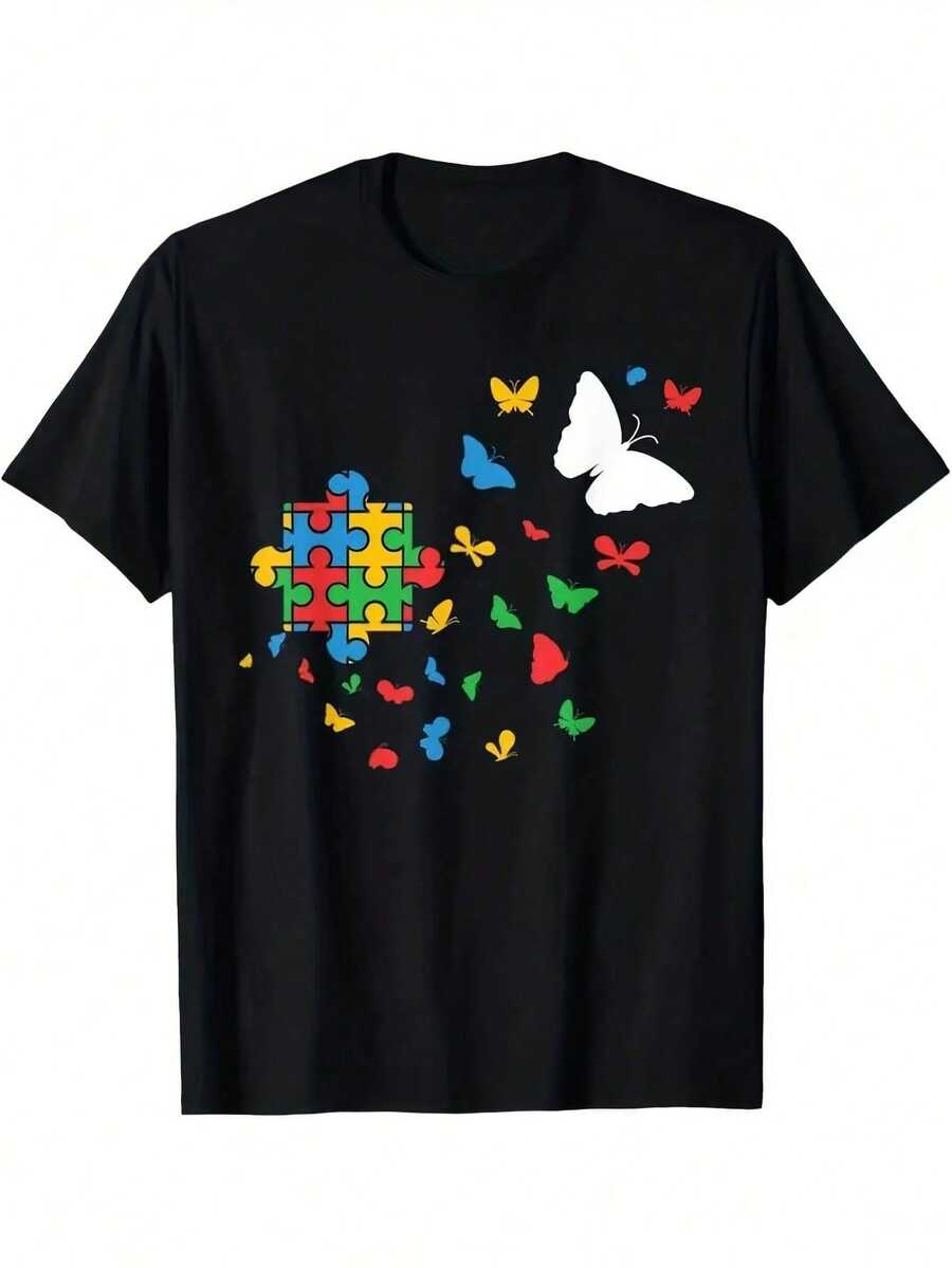Vibrant Monarch Butterfly Print, Lightweight And Breathable, Short Sleeve, Round Neck, Casual T-Shirt For Everyday Wear, Outdoor Sports, Spring/Summer/Autumn, Sizes XL - 5XL - 黑色 10 - 查看 1