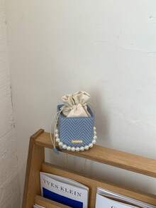 1pc Mini Pearl Chain Decor V-Neck Print PU Portable Drawstring Fashion Crossbody Bag Suitable For Women's Daily Use - Blue - View 1