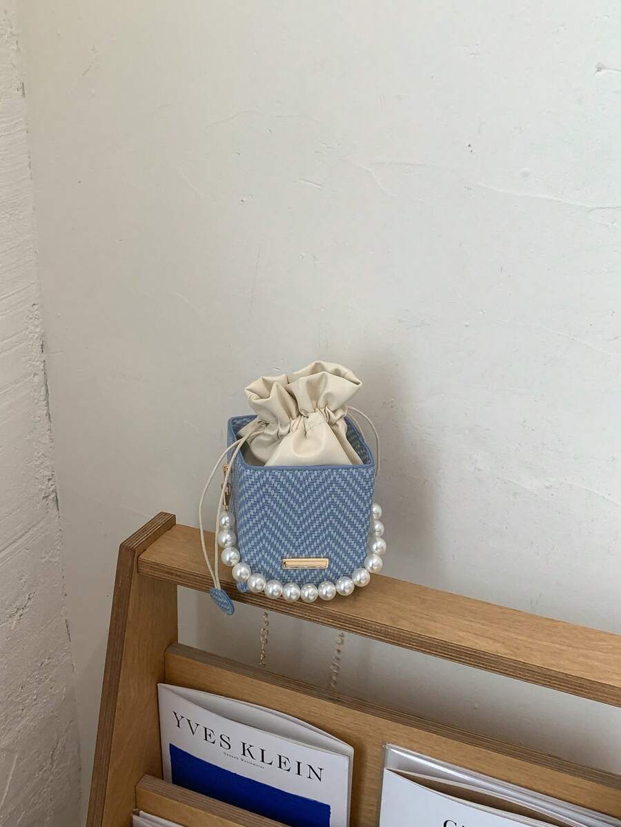 1pc Mini Pearl Chain Decor V-Neck Print PU Portable Drawstring Fashion Crossbody Bag Suitable For Women's Daily Use - Blue - View 1