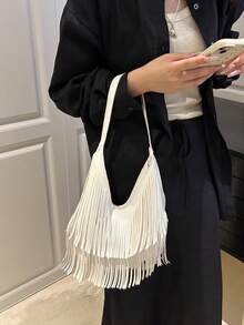 1pc Solid Color Suede Fringe Shoulder Bag, Vintage Fashion Large Capacity Commuter Bag, High-Quality Textured Stylish Shoulder Bag - White - View 3