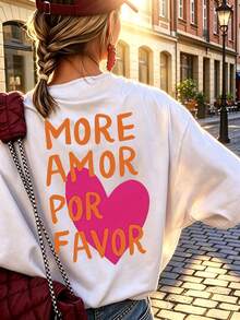 女款夏季度假 T 恤，印有「More Amor Por Favor」文字與粉色愛心圖案，休閒圓領短袖上衣，白色 - 白色 - 查看 7