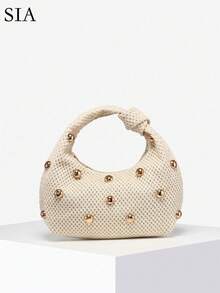 1 pieza Bolso de hombro/axila tipo baguette de mujer con estilo vintage, casual, rojo Angola con estampado de leopardo, bohemio, hippie, de ganchillo hueco y concha marina, adecuado para - Albaricoque - Ver 1