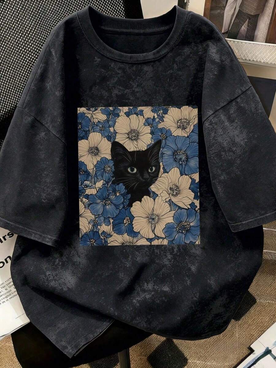 1 Piece Of Women's Short-Sleeved T-Shirt, Casual Style, Loose Fit, Round Neck, Washed Fabric With Tie-Dye Effect, For Office, Campus, Daily Wear, Dates, Meetings, Black Color. - 黑色 11 - 查看 1
