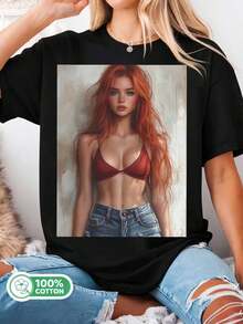 Redhead_Woman_Portrait_Art_Graphic_Casual_T-Shirt - 黑色 - 查看 1