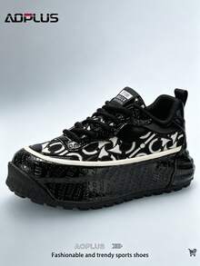 AoPlus Men's Classic Black Comfortable Sports Sneakers, Stylish Outdoor Lace-Up Leather - Spliced Thick - Soled Street - Style Casual Shoes - 黑色 - 查看 4