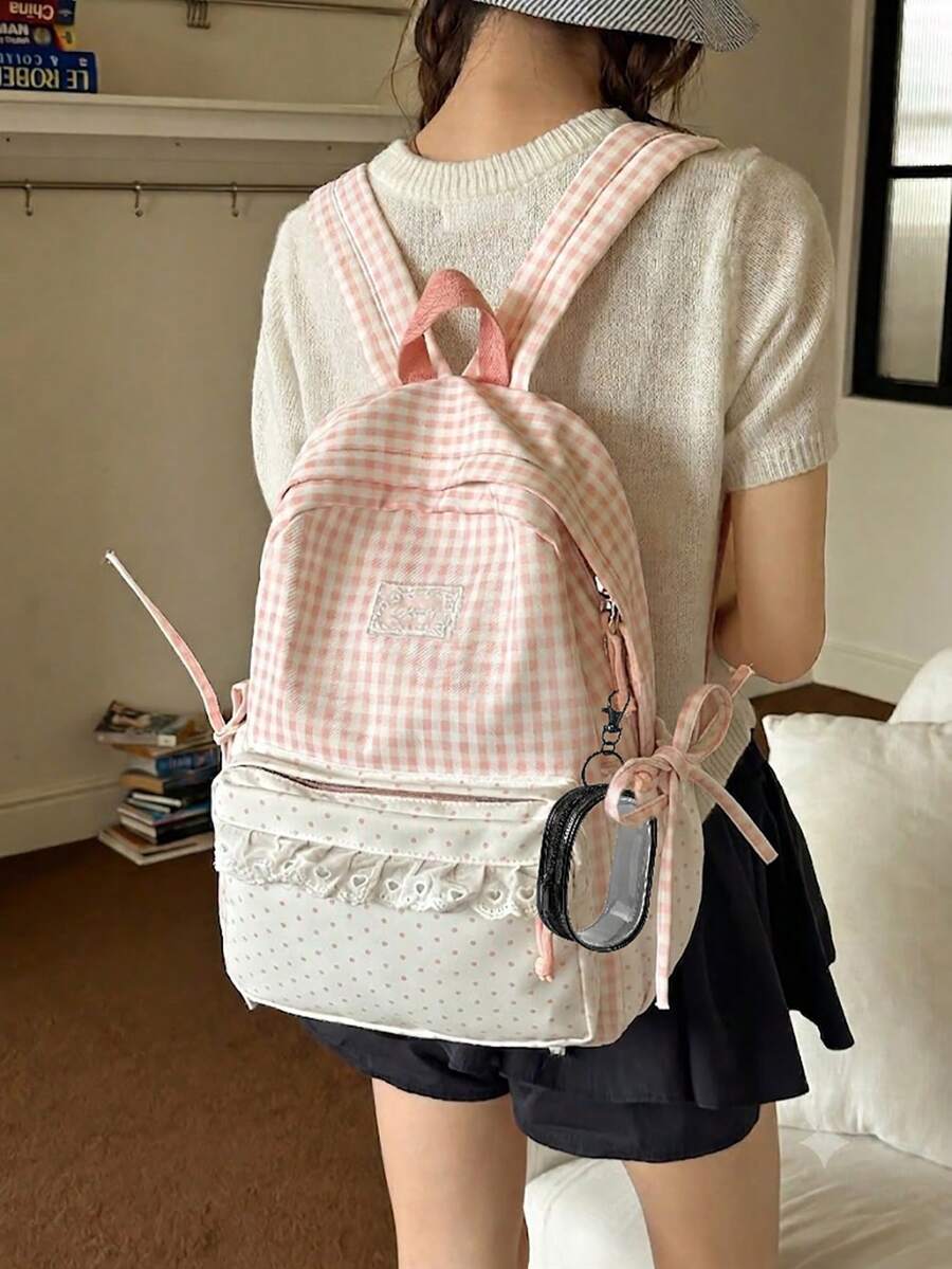 2件組格紋與波點女款後背包,附迷你透明數據線收納袋,圍巾裝飾多口袋大容量學生書包,適合學校、返校季、旅行與露營 - 彩色 - 查看 1